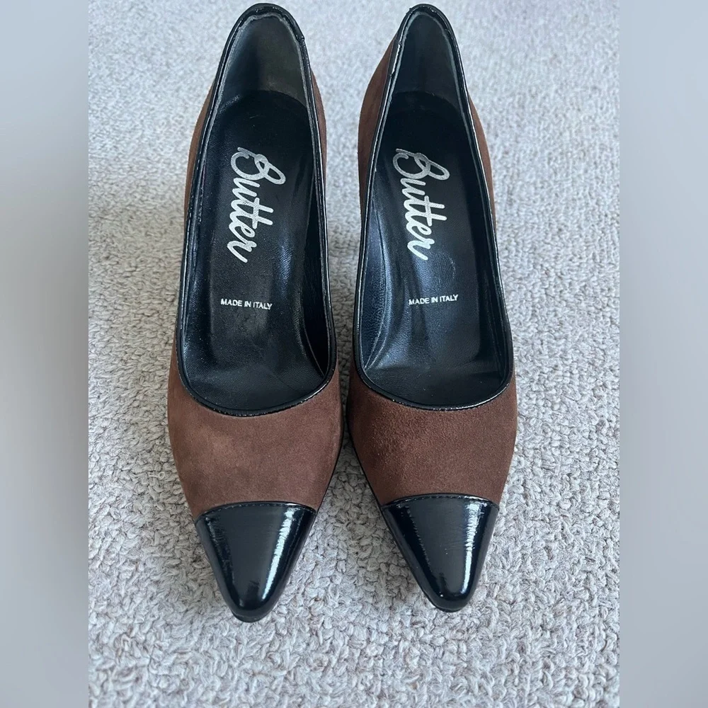 Butter Suede Pointed Toe Colorblock Pump Black Brown Size 4 1/2 Italy - Picture 1 of 7